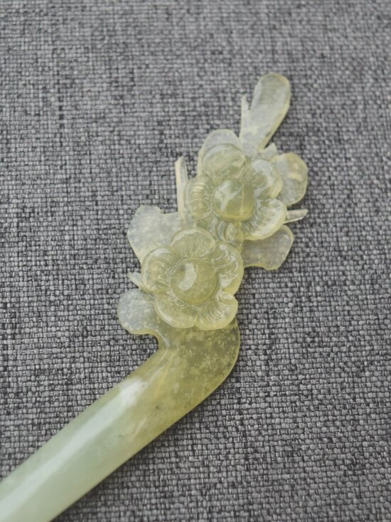Green Plum Blossom Carved Hairpin - Serpentine Jade Hair Stick main image 7